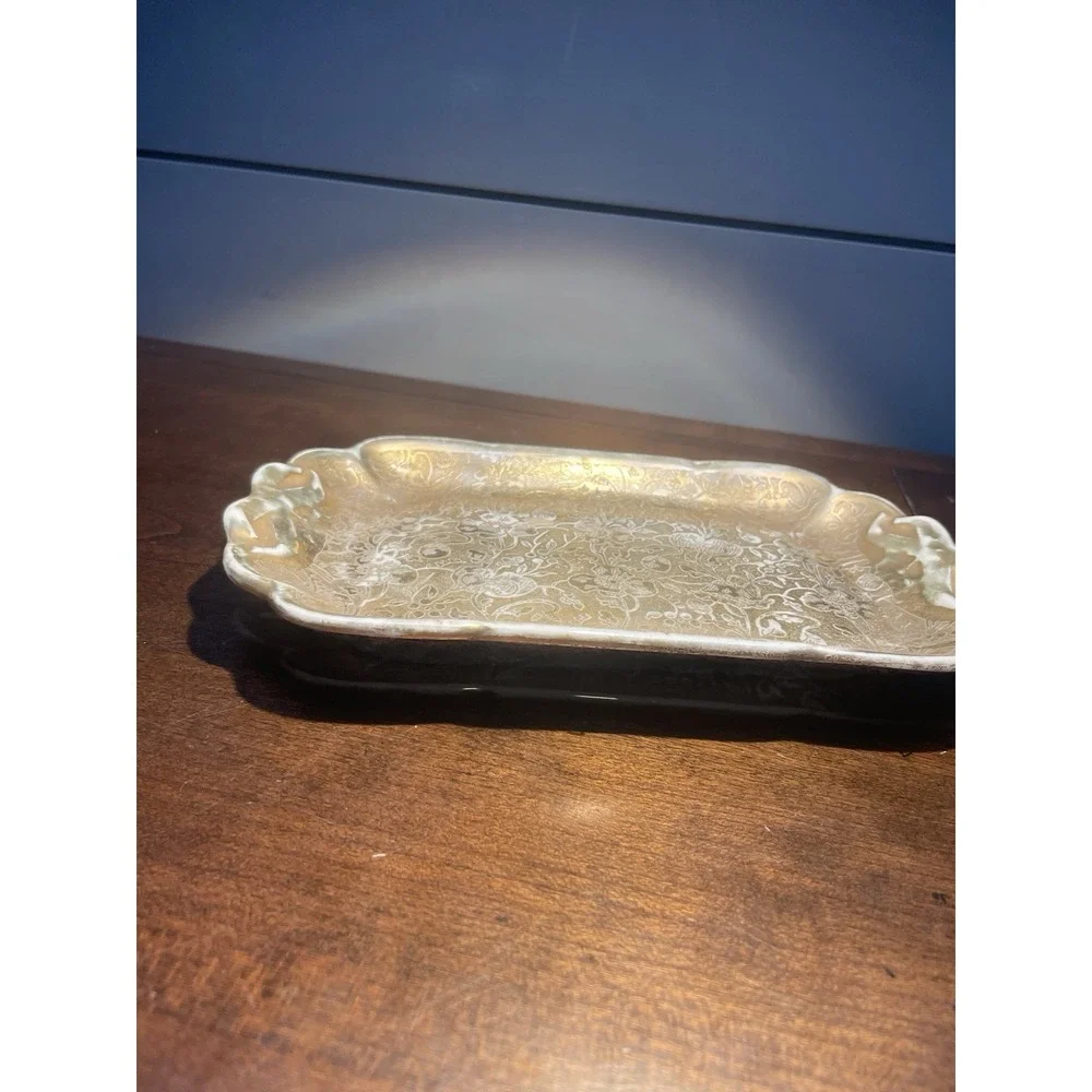 Vtg STOUFFER German SMALL GOLD LEAF Engraved OVER PORCELAIN TRAY Vanity Dish